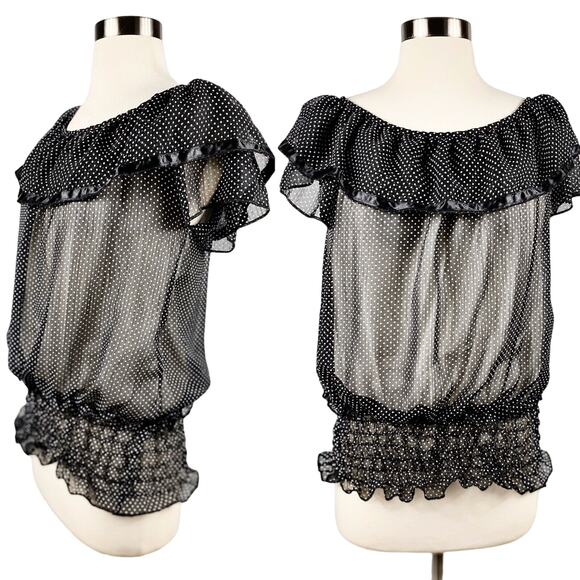 FROKEN SOT Blouse Black White Polka Dot Ruffles Sheer Top Retro Small Rockabilly - Picture 3 of 8